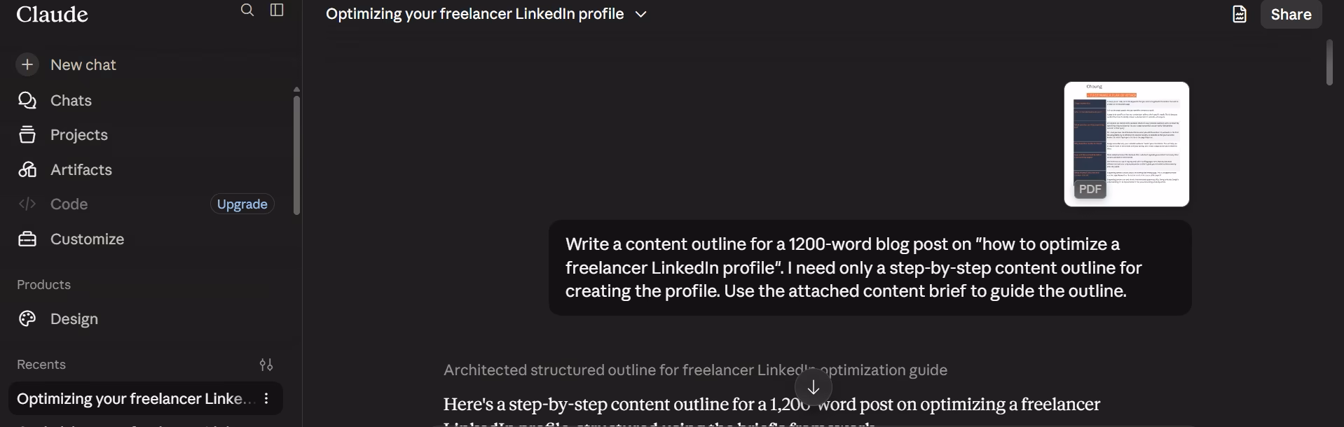 A Claude prompt example for generating a blog post outline.