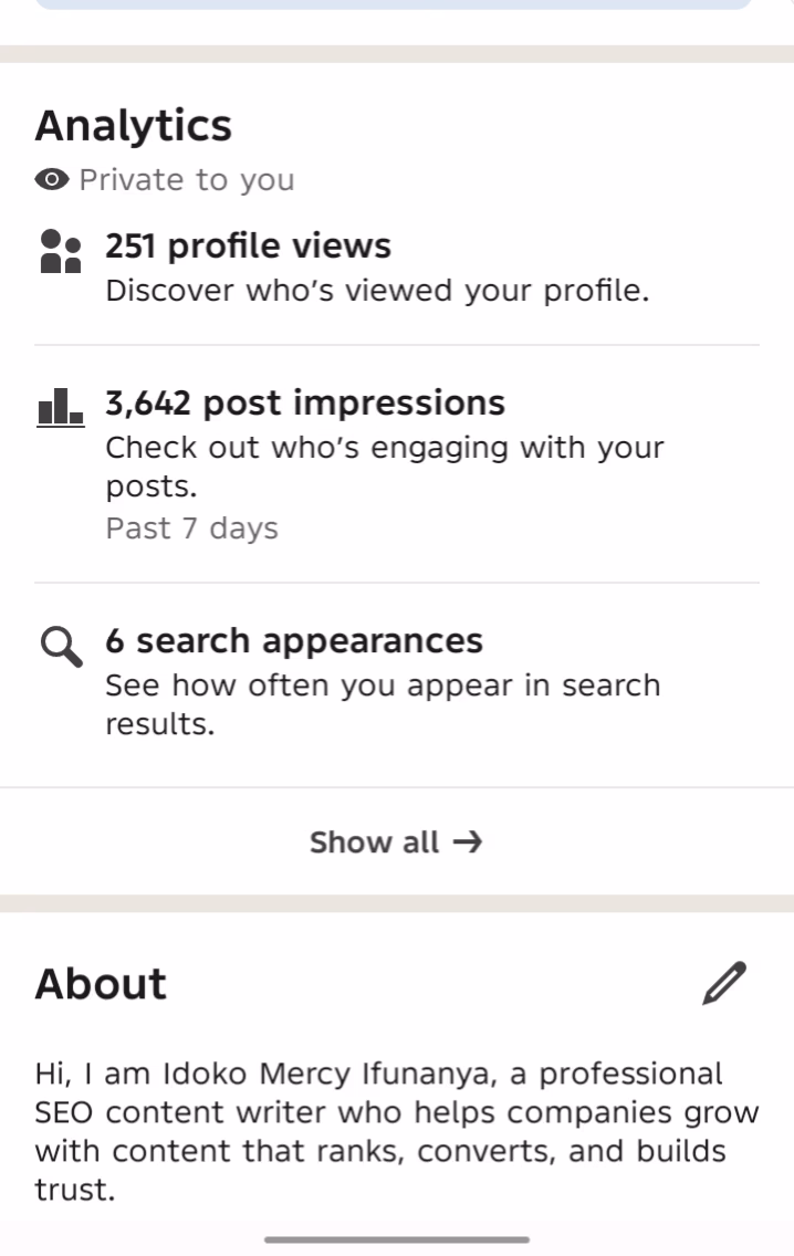 LinkedIn analytics showing profile views and impressions after the visibility change.