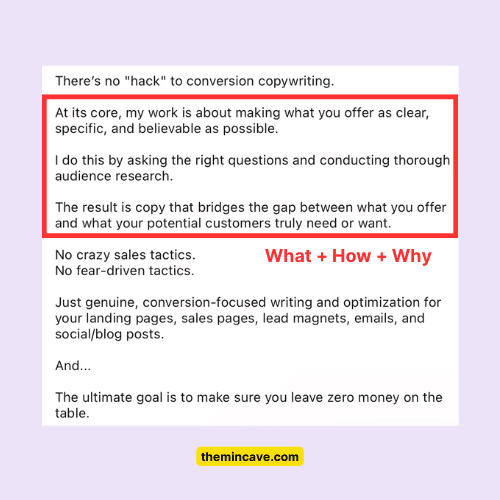 Screenshot of Faridah sharing a real example from her conversion copywriting process.