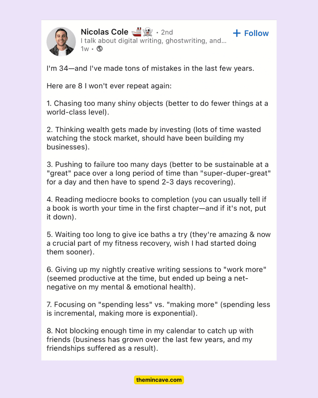 Screenshot of Nicholas Cole sharing mistakes and lessons as part of an authentic online presence.