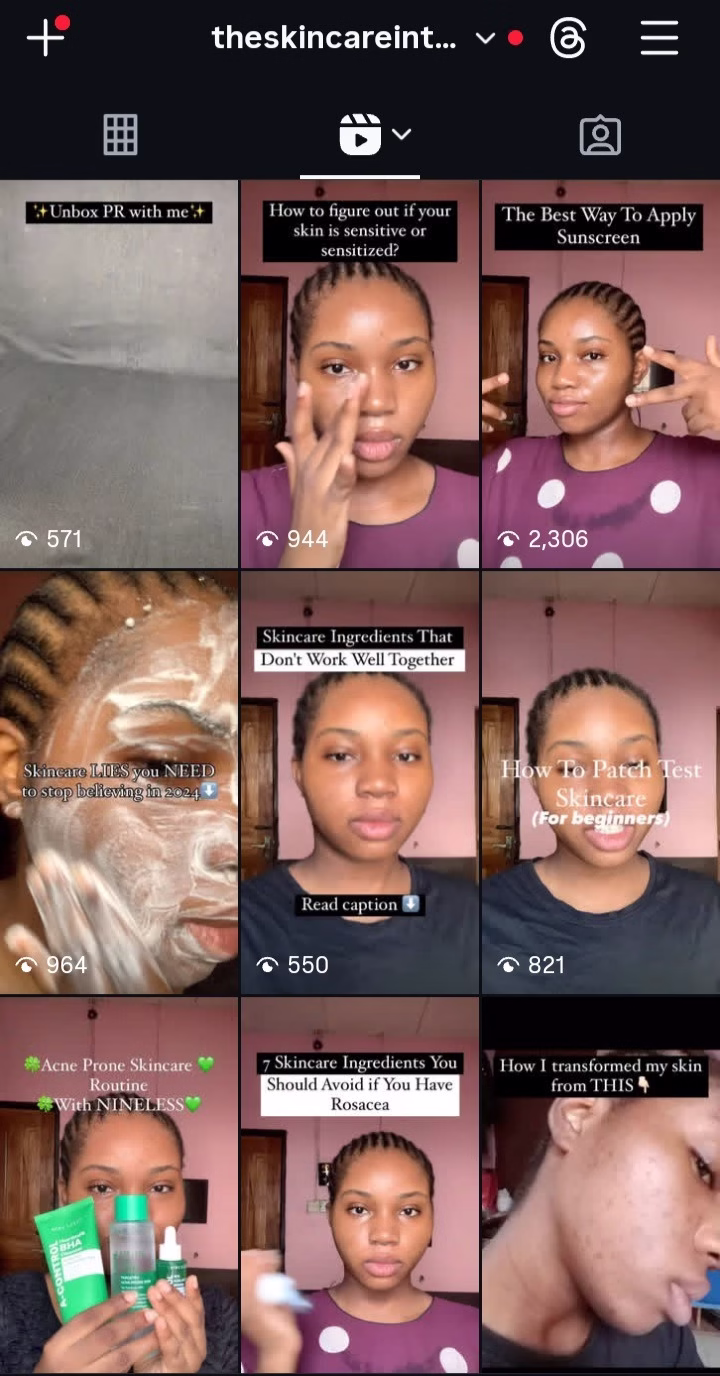  Instagram Reels grid showing videos Favour Daniel applying and reviewing skincare products.