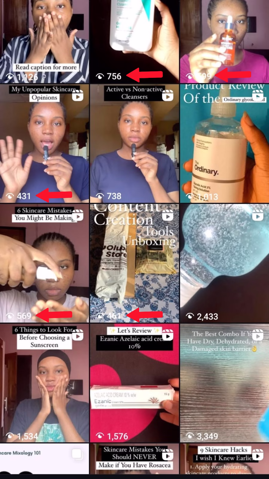 Instagram reels grid with red arrows pointing to the low view counts on several skincare videos on Favour Daniel’s Instagram page.