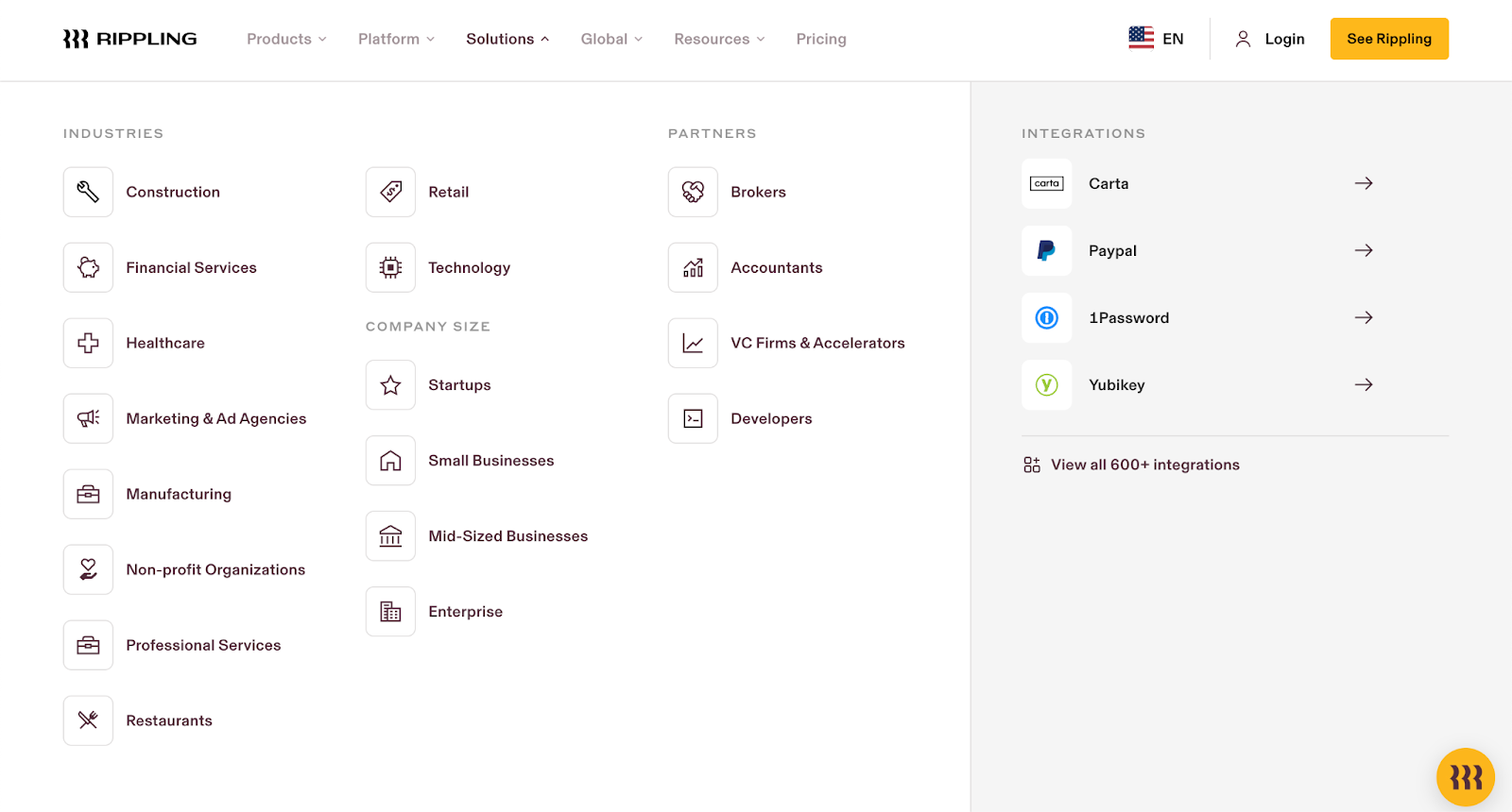 Screenshot of Rippling’s industry-specific landing page links showing dedicated vertical content for construction, healthcare, manufacturing, non-profit, etc.