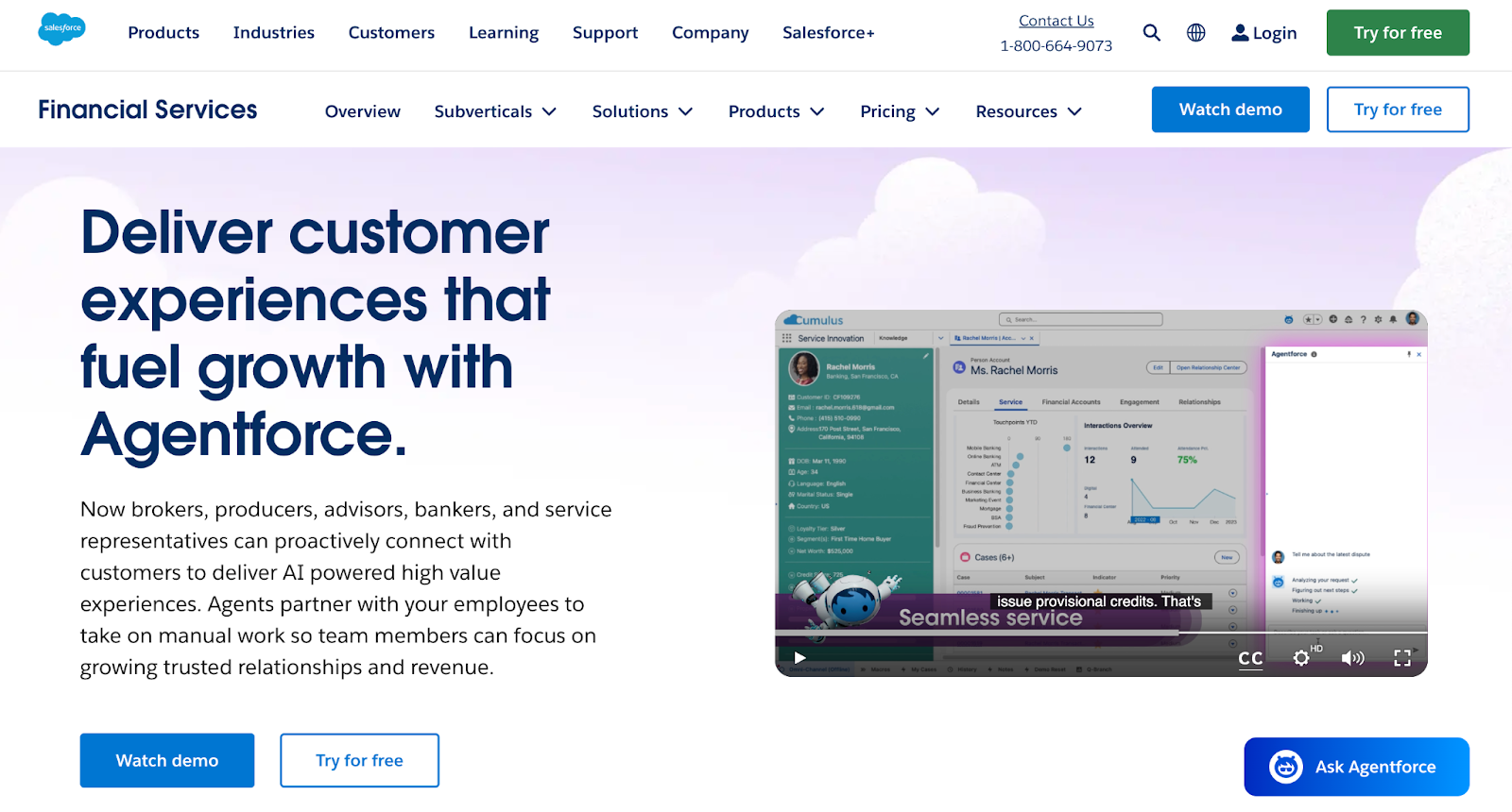 Screenshot of Salesforce’s Financial Services page displaying customized demos and sales resources, highlighting how they adapt their messaging for specific industry challenges.