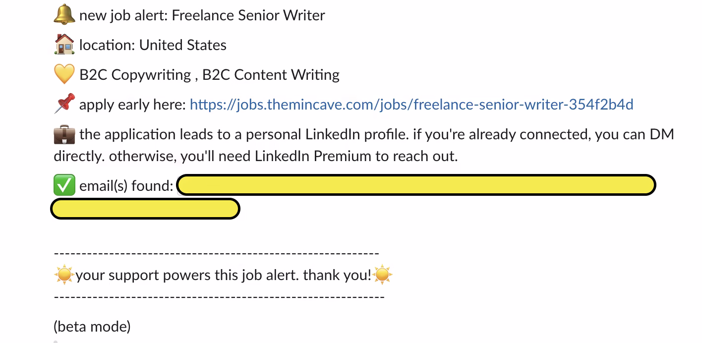 Screenshot of a CaveJobs September job alert showing a freelance writing lead.