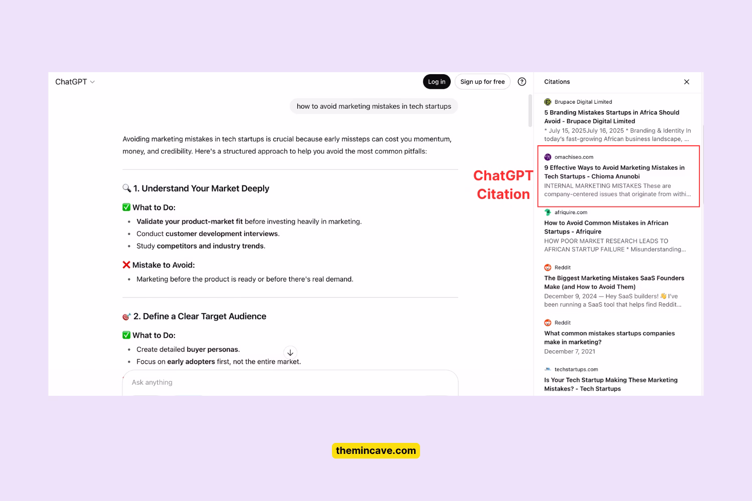 ChatGPT response to “how to avoid marketing mistakes in tech startups” citing Chioma Anunobi’s article “9 Effective Ways to Avoid Marketing Mistakes in Tech Startups” in its sources