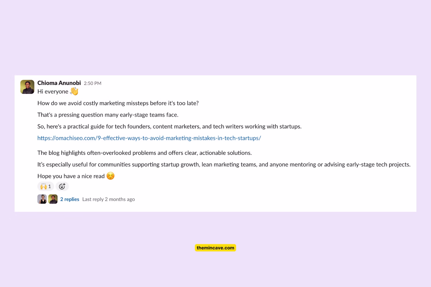 Chioma Anunobi sharing her article in the Women in Tech SEO self-promo channel, with 2 replies and a reaction from the community