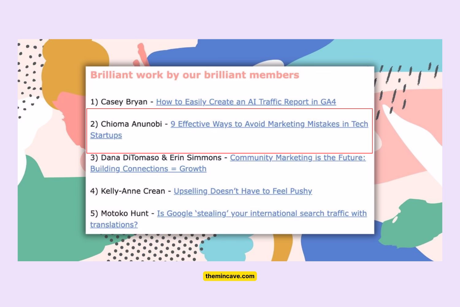 Women in Tech SEO newsletter’s “Brilliant work by our brilliant members” section, listing Chioma Anunobi’s article “9 Effective Ways to Avoid Marketing Mistakes in Tech Startups” as the second featured piece