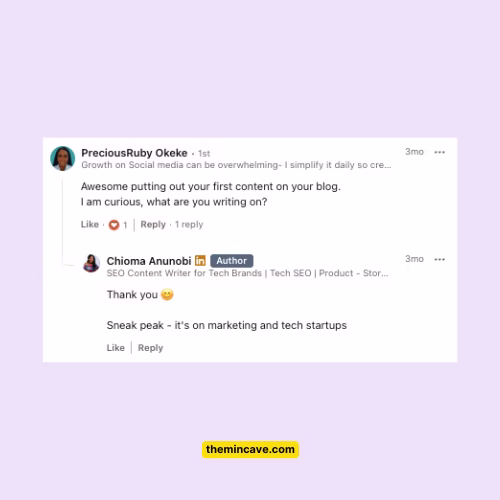 LinkedIn comment thread where Chioma Anunobi replies “Sneak peak - it’s on marketing and tech startups” to someone asking what she’s writing about