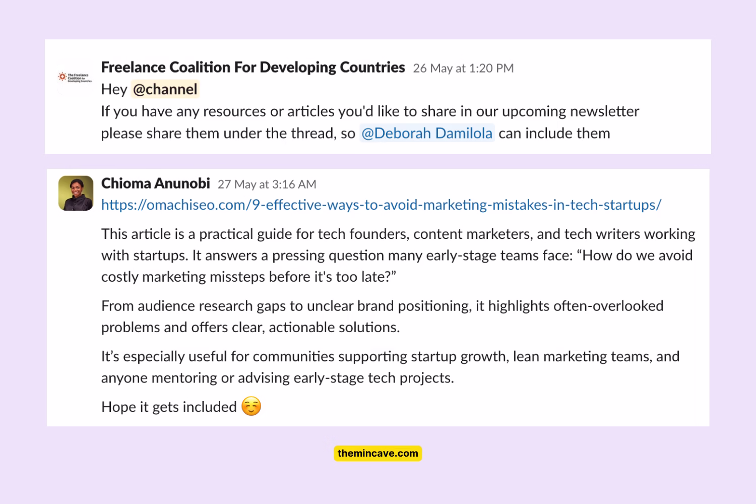 Slack thread where Chioma Anunobi pitches her article to the Freelance Coalition For Developing Countries newsletter, explaining who it’s useful for