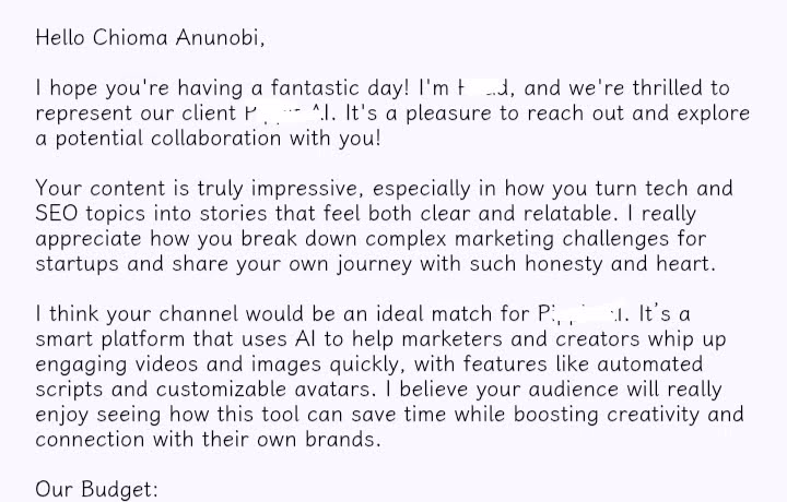 Unsolicited email from a brand representative praising Chioma Anunobi’s content and proposing a paid collaboration, with a budget line at the bottom