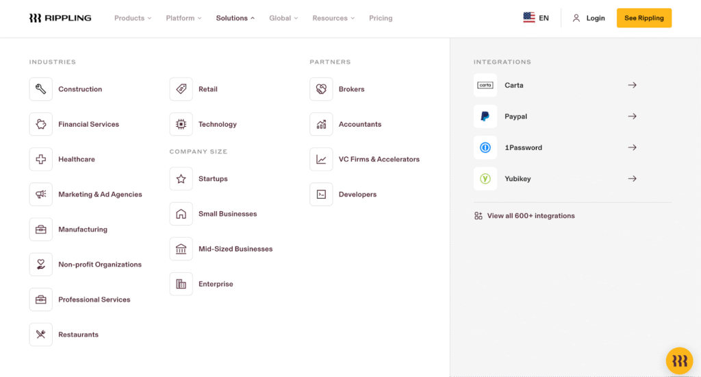 Screenshot of Rippling's industry-specific landing page links showing dedicated vertical content for construction, healthcare, manufacturing, non-profit, etc.